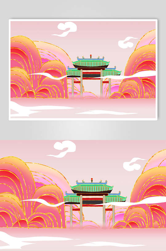 国潮鎏金佛山祖庙城市地标建筑插画素材