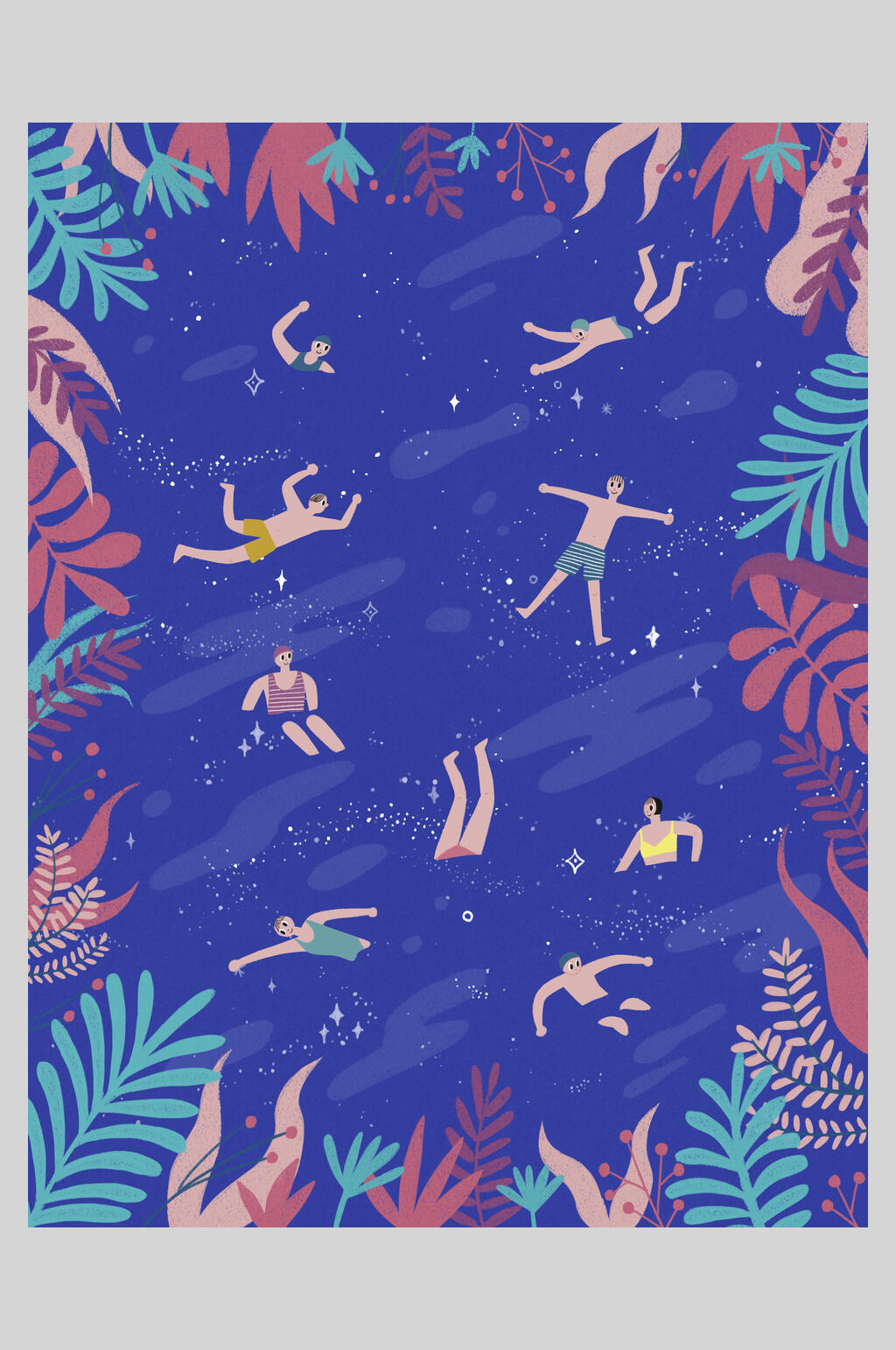 插画海报蓝底海里游泳的人素材
