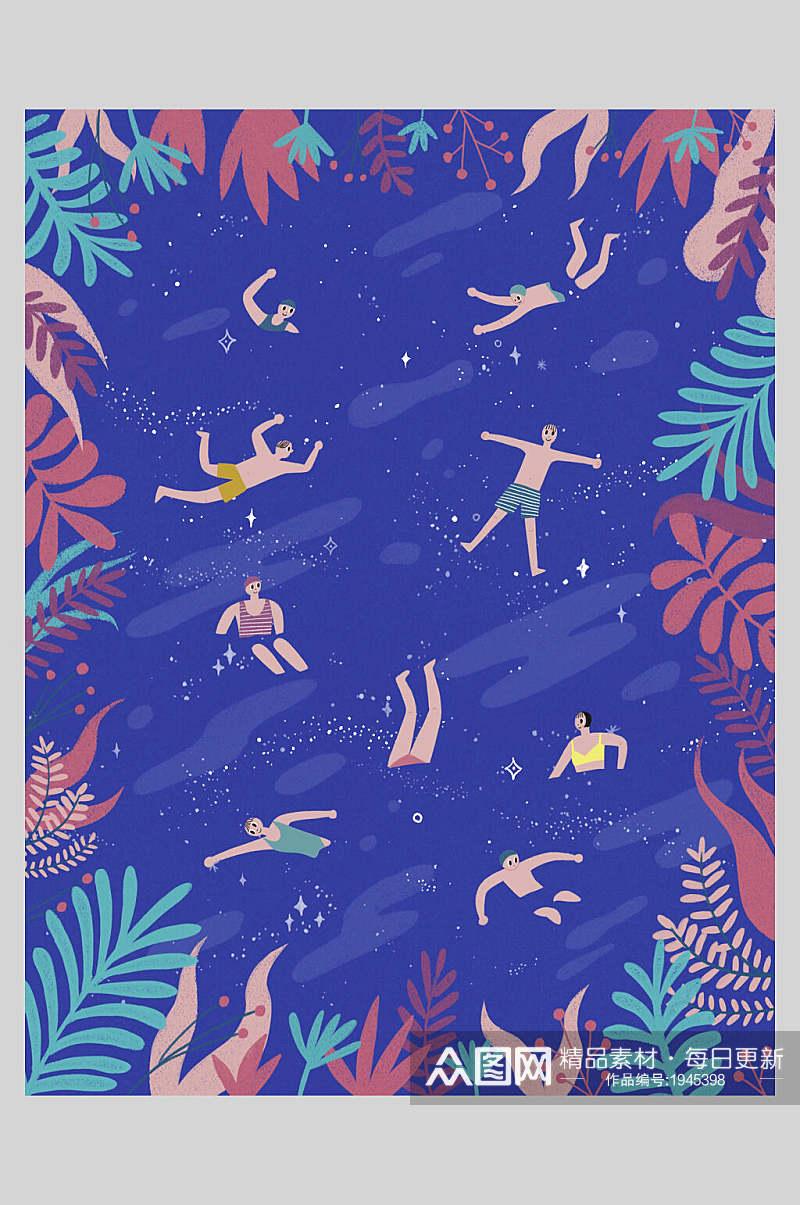 插画海报蓝底海里游泳的人素材
