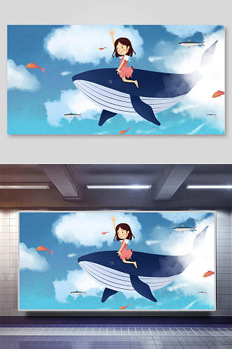 治愈系插画横版空中的鲸鱼