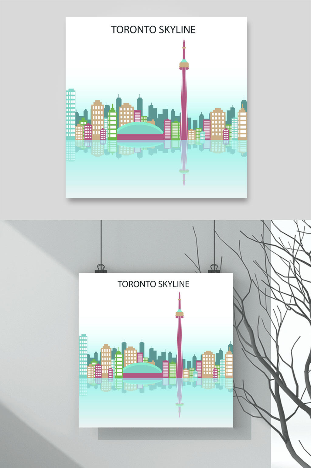 城市剪影插画素材挂画两联城市高楼素材