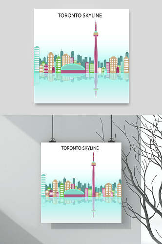 城市剪影插画素材挂画两联城市高楼