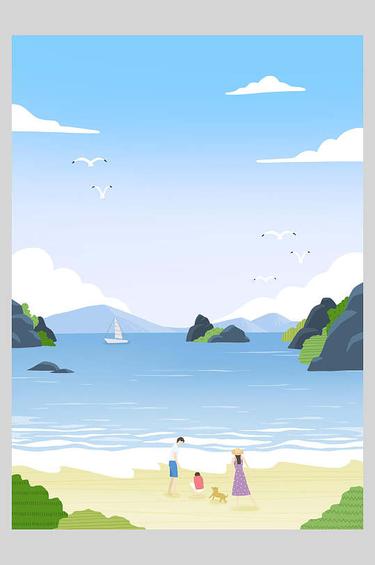 缤纷夏日海边玩耍插画海报