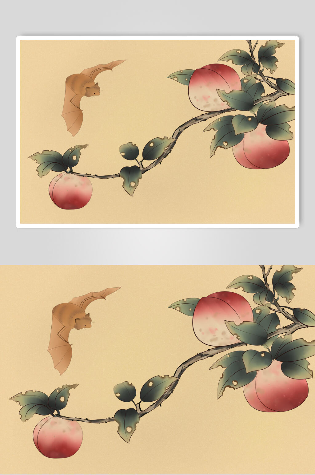 花鳥(niǎo)工筆畫蝙蝠和桃子國(guó)畫兩聯(lián)素材