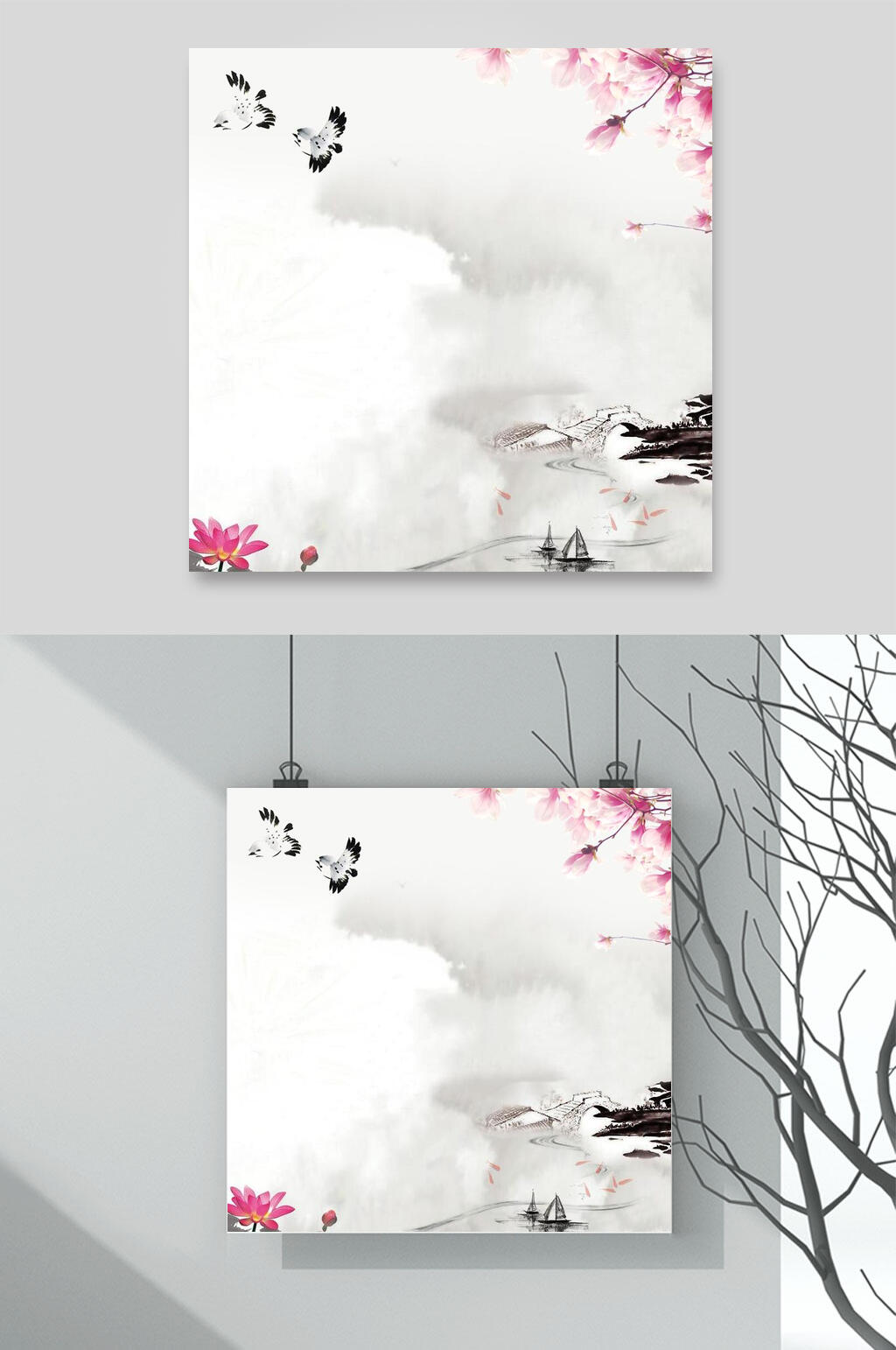 水墨山水桃花背景素材素材
