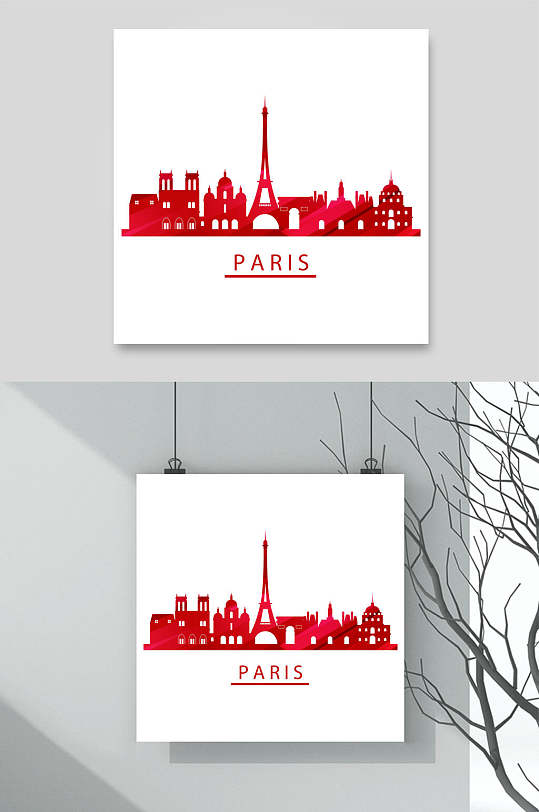 城市剪影插画素材两联红色巴黎铁塔