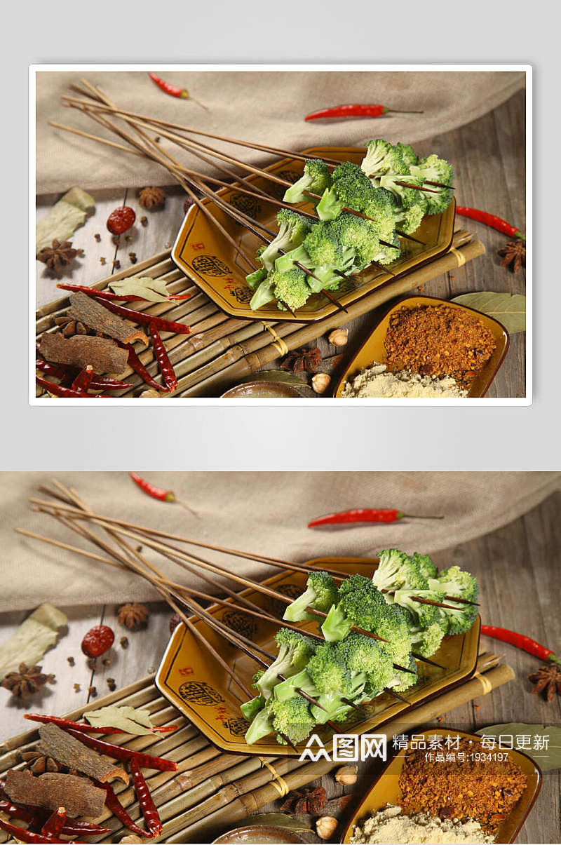 新鲜美味素菜西蓝花烧烤串串美食高清图片素材