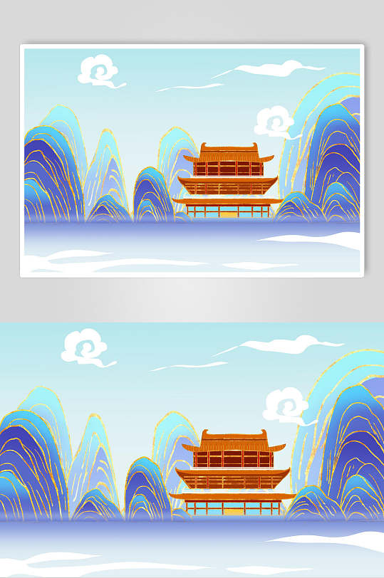 国潮鎏金杜甫江阁地标建筑插画素材