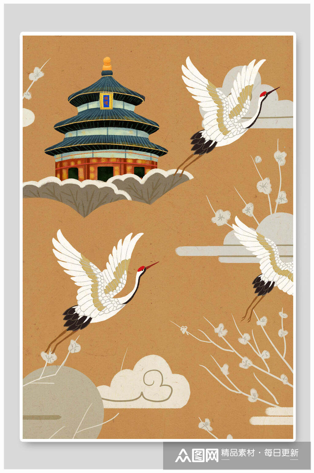 简约国潮仙鹤天坛插画素材