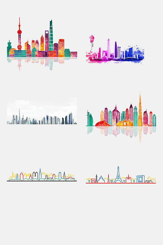 建筑免抠元素彩色城市轮廓城市剪影