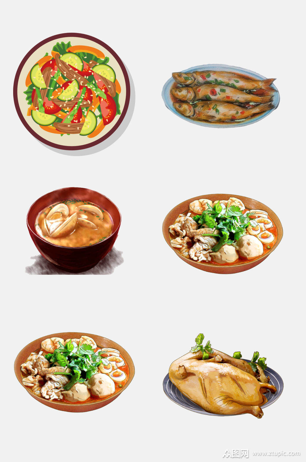 手绘荤菜面食美食免抠元素素材