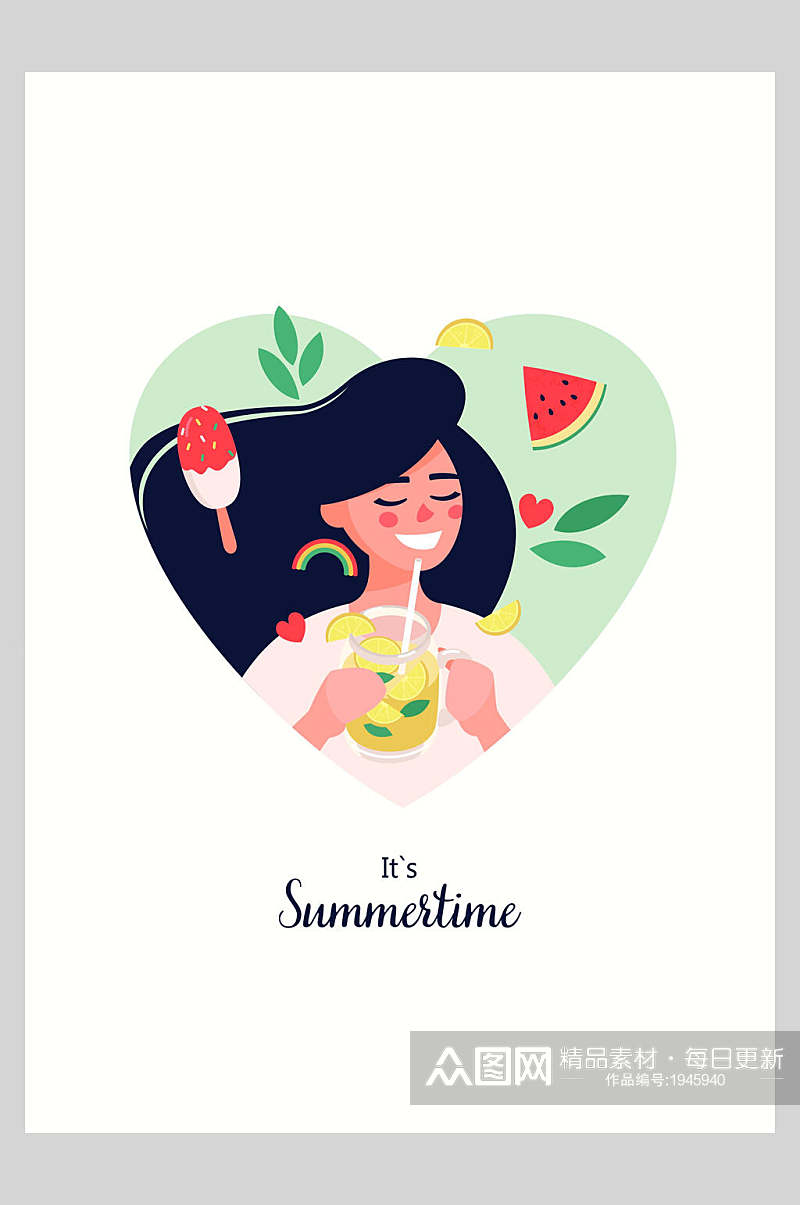 夏季夏天插画白底水果和女孩素材
