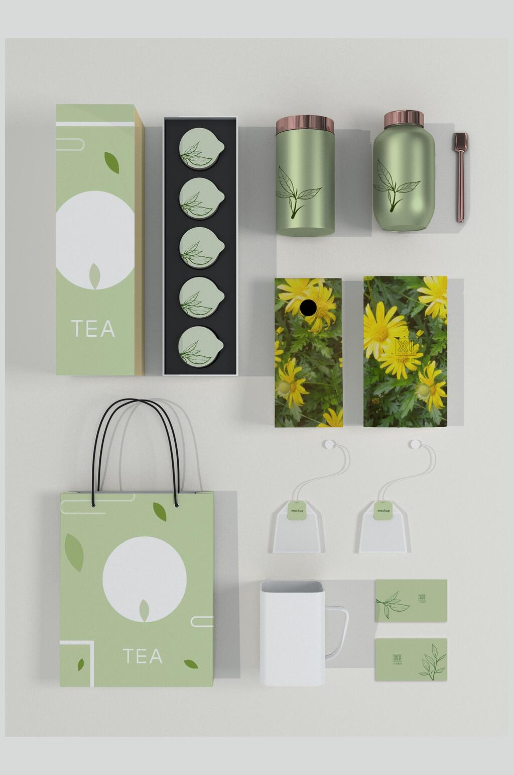 清新绿色茶叶茶具包装整套VI样机贴图效果图素材