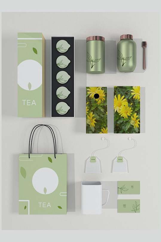 清新绿色茶叶茶具包装整套VI样机贴图效果图