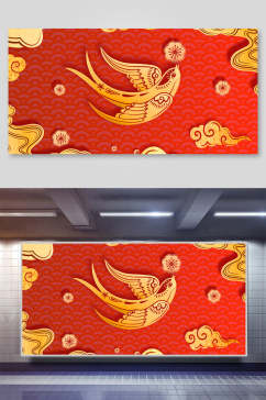红金中国古典仙鹤免抠背景素材