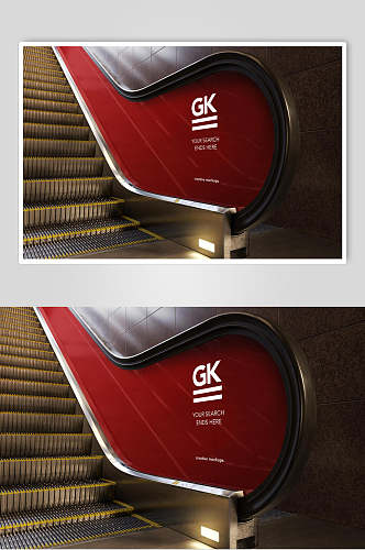 红色地铁楼梯灯箱广告LOGO展示样机效果图