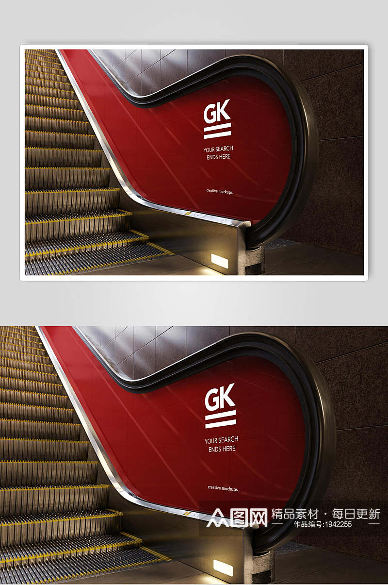 红色地铁楼梯灯箱广告LOGO展示样机效果图素材