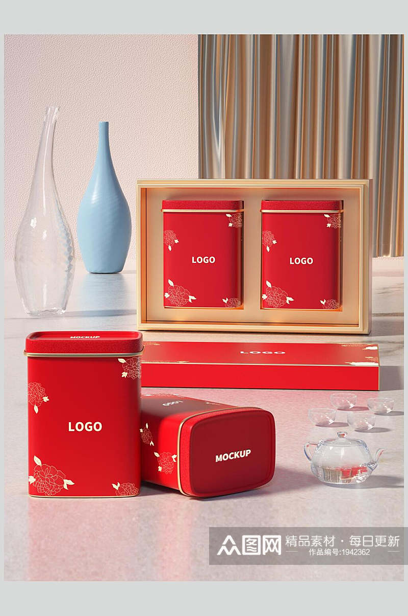红色茶叶茶具包装整套VI样机贴图效果图素材