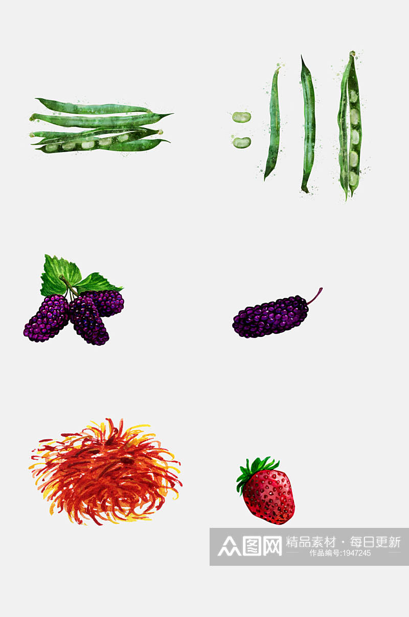 桑葚草莓手绘水彩水果免抠元素素材