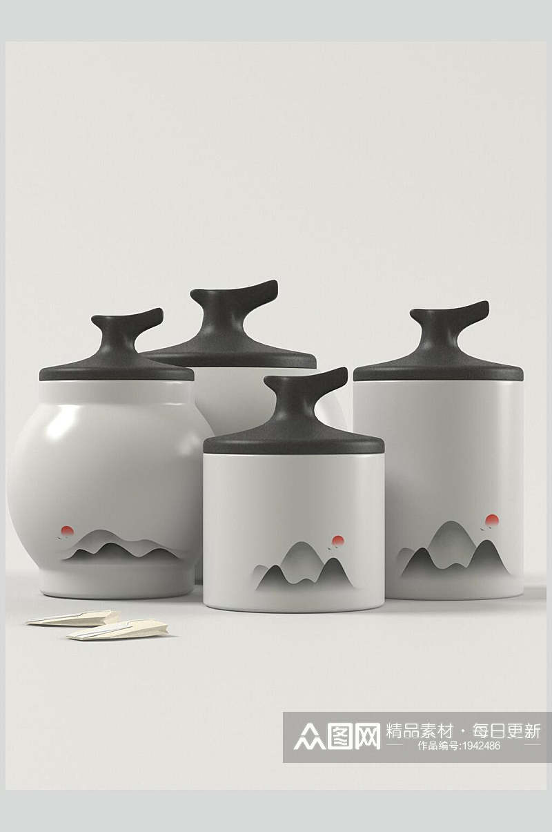 灰色水墨创意茶叶茶具包装样机贴图效果图素材