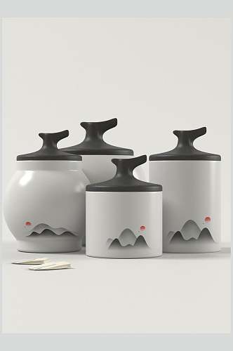 灰色水墨创意茶叶茶具包装样机贴图效果图