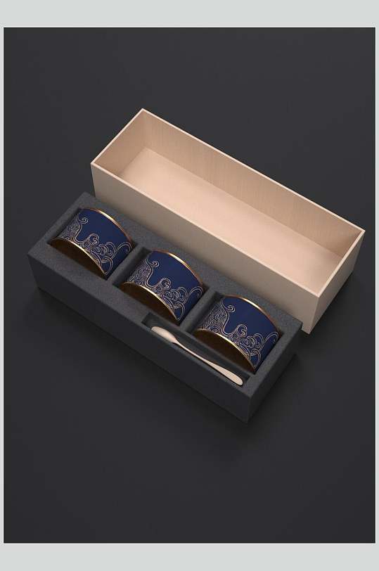 蓝金茶叶茶具包装整套VI样机贴图效果图