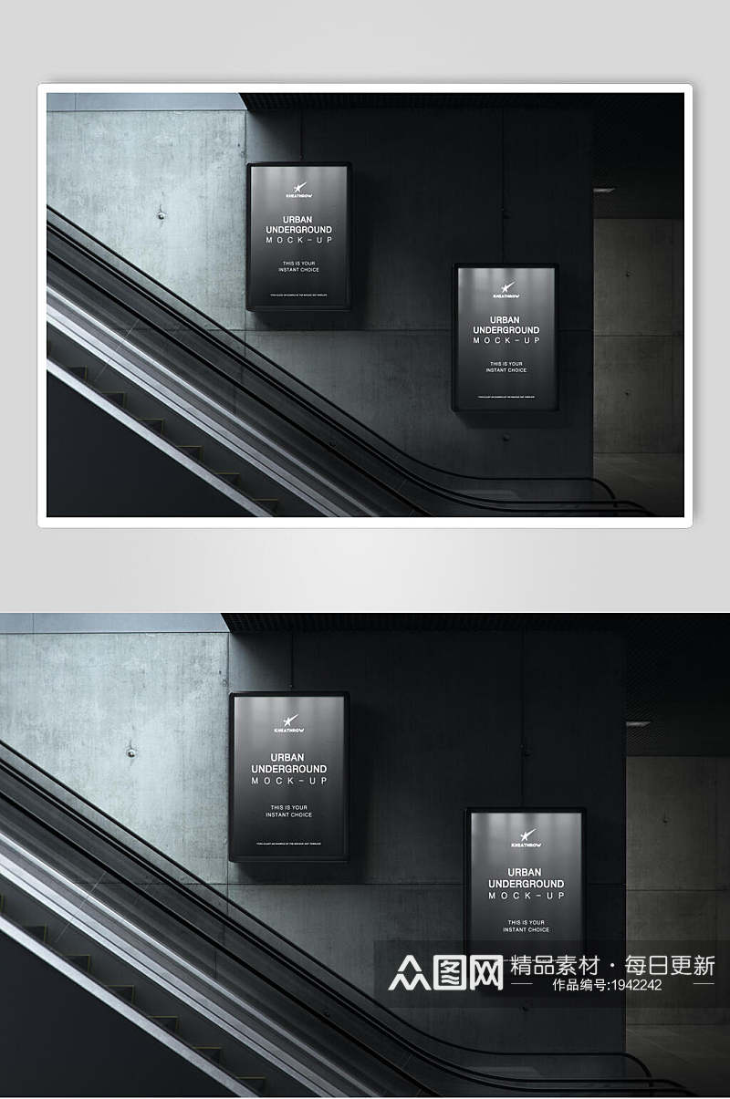 暗色地铁楼梯灯箱广告样机效果图素材