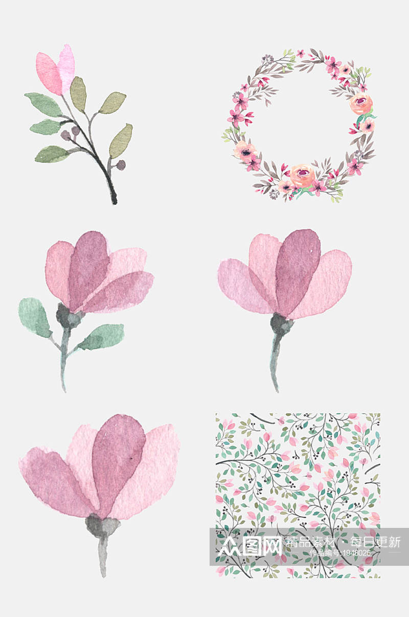 水彩手绘森系植物花卉免抠设计元素素材