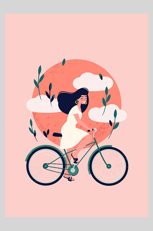 扁平风大气时尚自行车夏季夏天插画