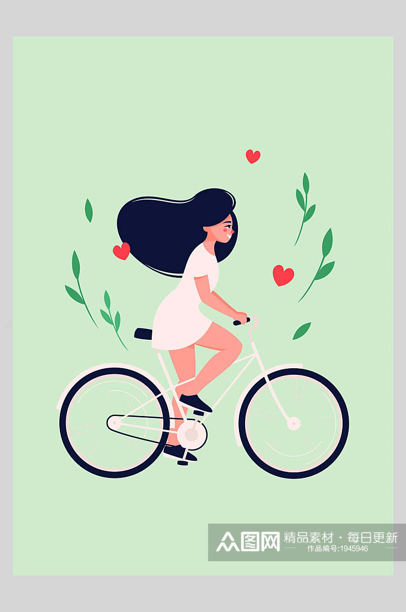 夏季夏天插画浅绿骑行的女孩花草夏季素材