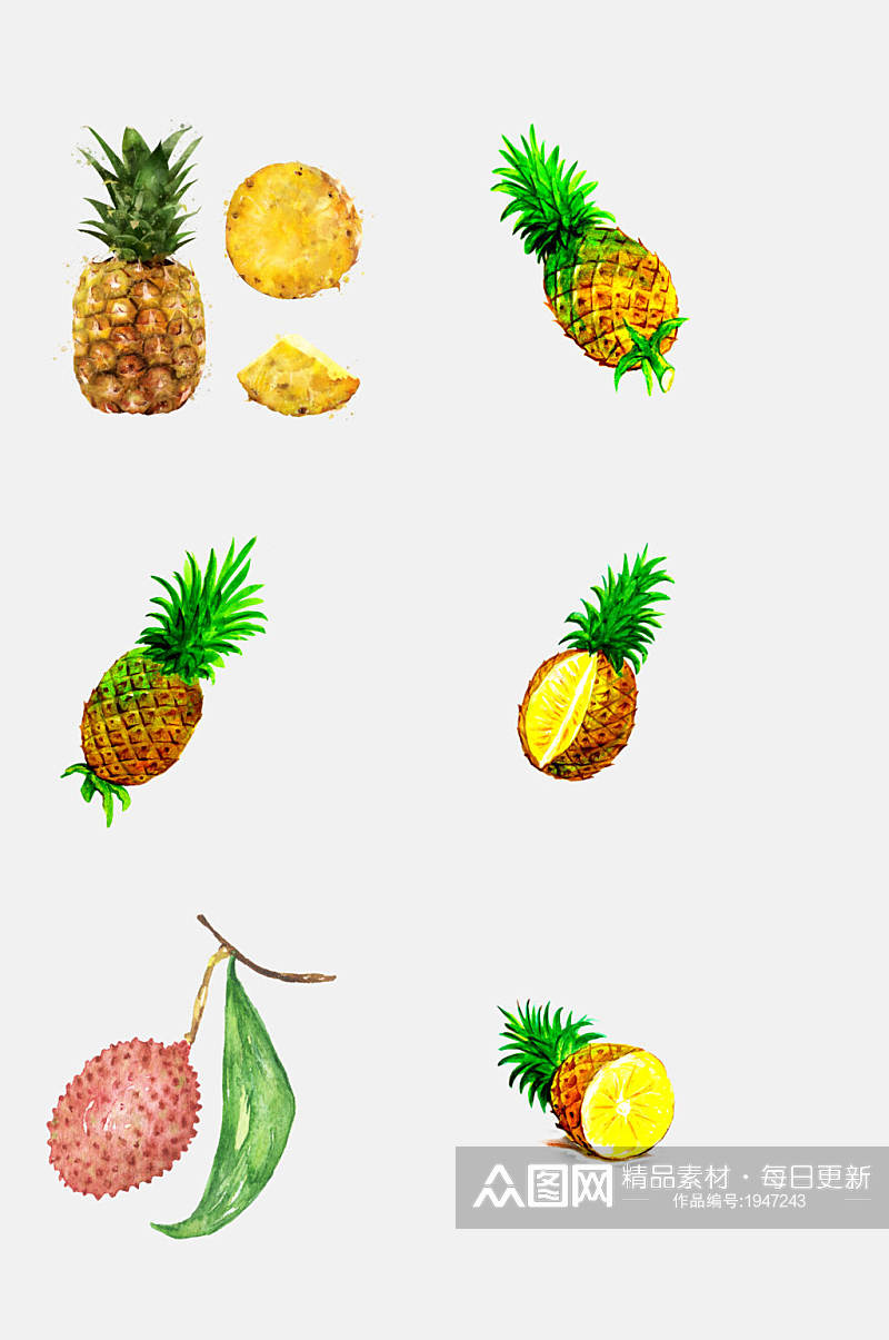 菠萝荔枝手绘水彩水果免抠元素素材