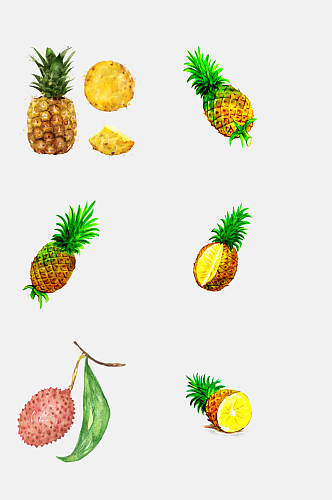 菠萝荔枝手绘水彩水果免抠元素