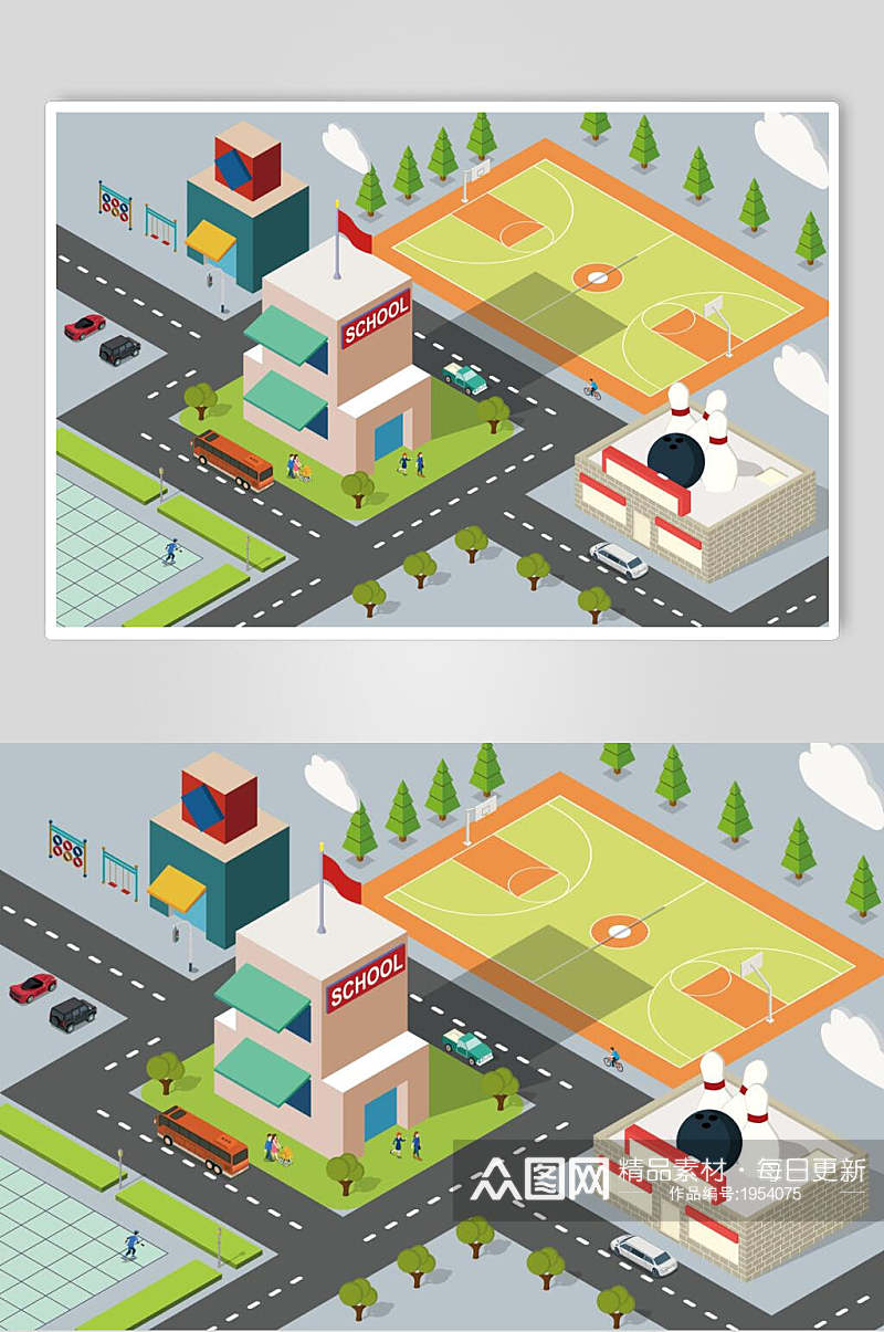 城市建筑插画两联城市商超运动场素材