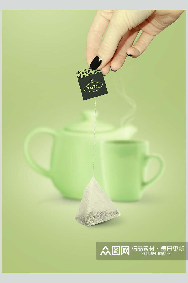 清新绿色渐变茶具茶叶包装整套VI样机效果图素材