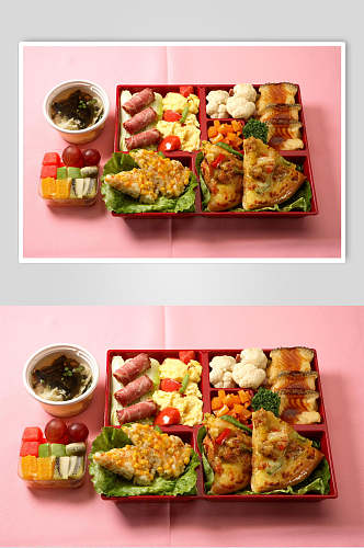 烤鱼烧肉香肠青菜快餐盒饭摄影图