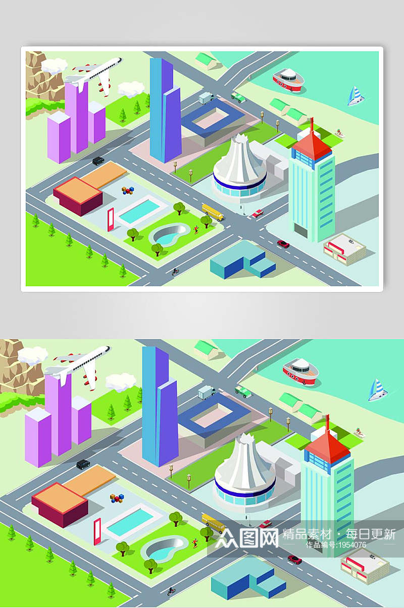 城市建筑插画两联城市中心和广场素材