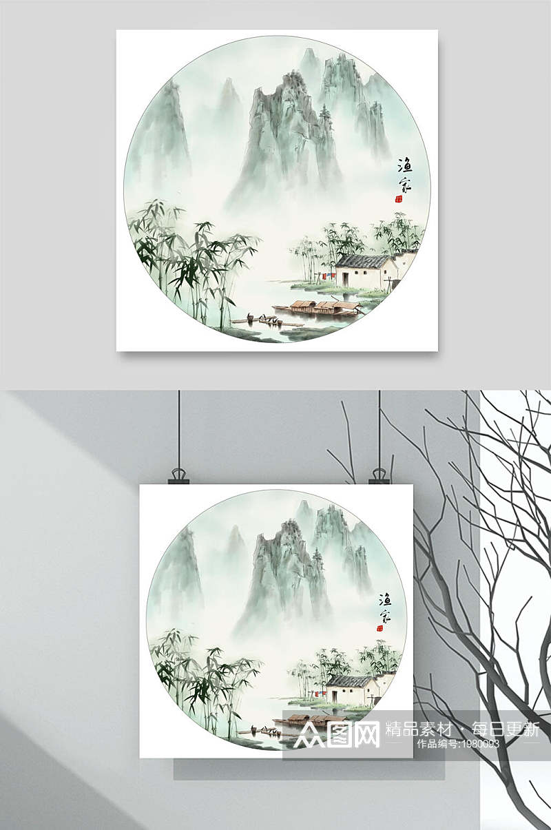 中国风水墨画花鸟国画圆形背景素材