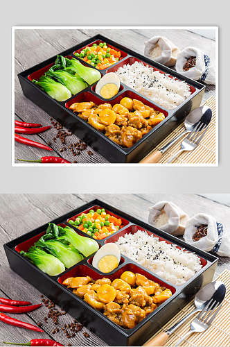 肉片青菜美食盒饭摄影图片