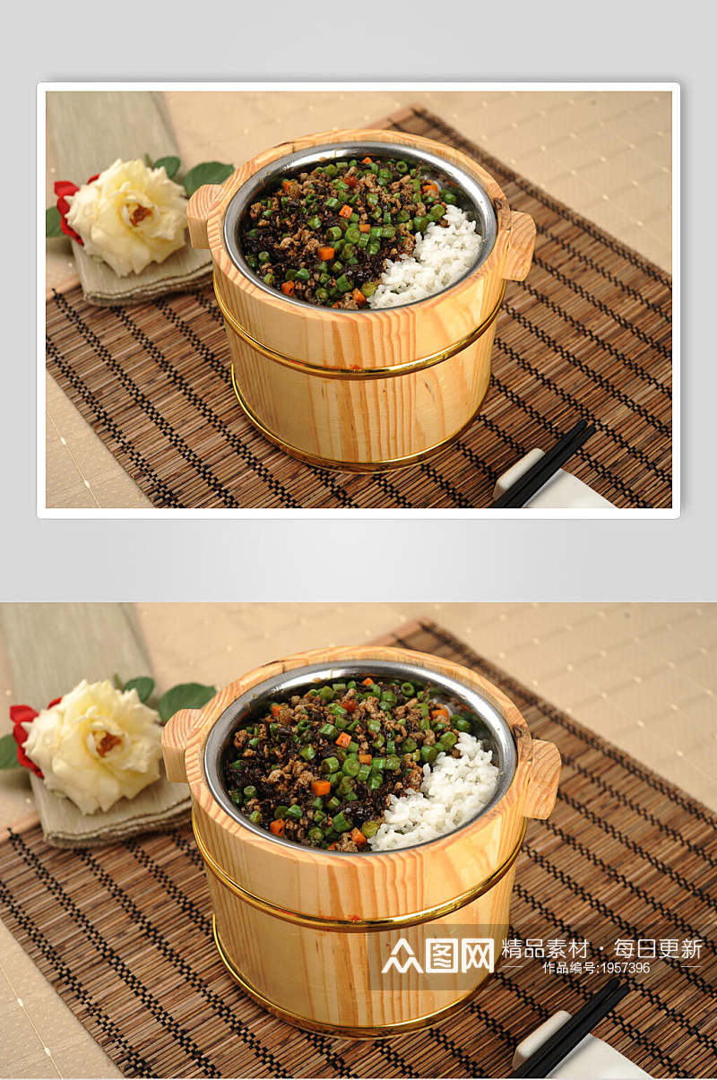 美味豆角炒肉沫木桶饭美食高清图片素材