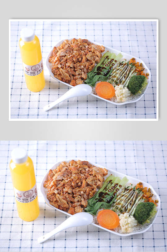炒肉青菜水果汁快餐美食摄影图