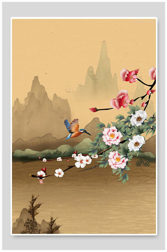 中国风花鸟山水国画背景素材
