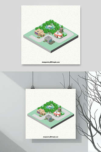 插画设计挂画简洁两联房屋和户外环境