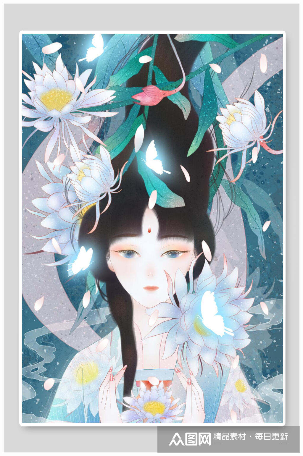 插画漫画风古风美女花朵美女