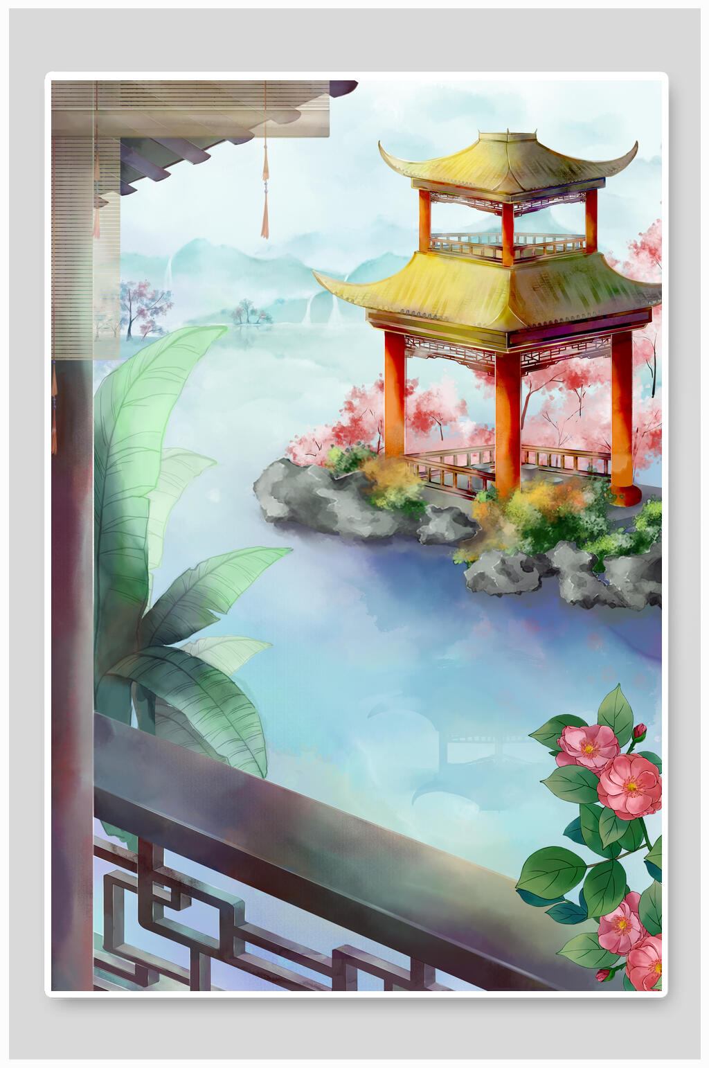 凉亭中国风水墨荷花背景素材