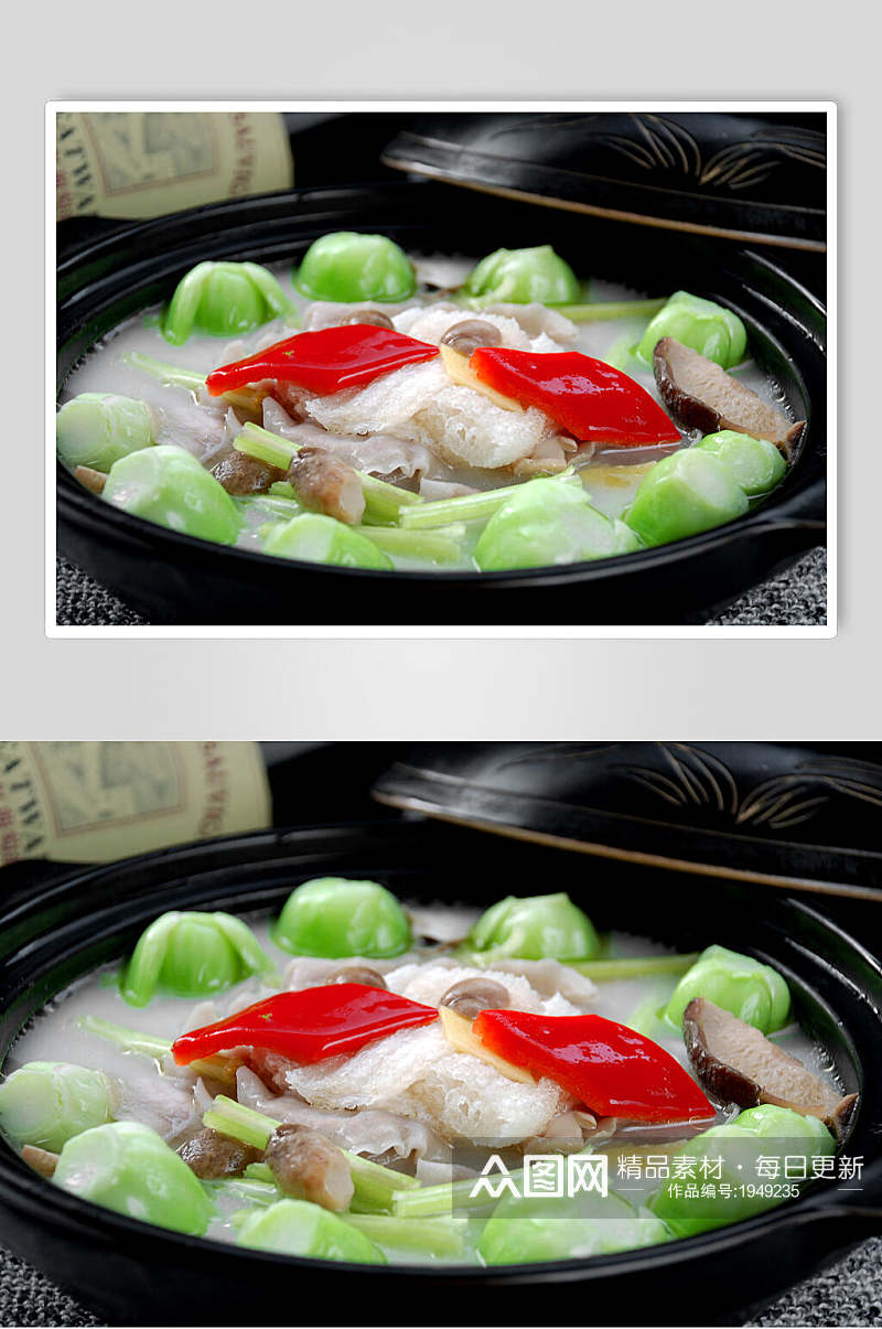 浓汤鲜菌鱼皮饺高清摄影图片素材