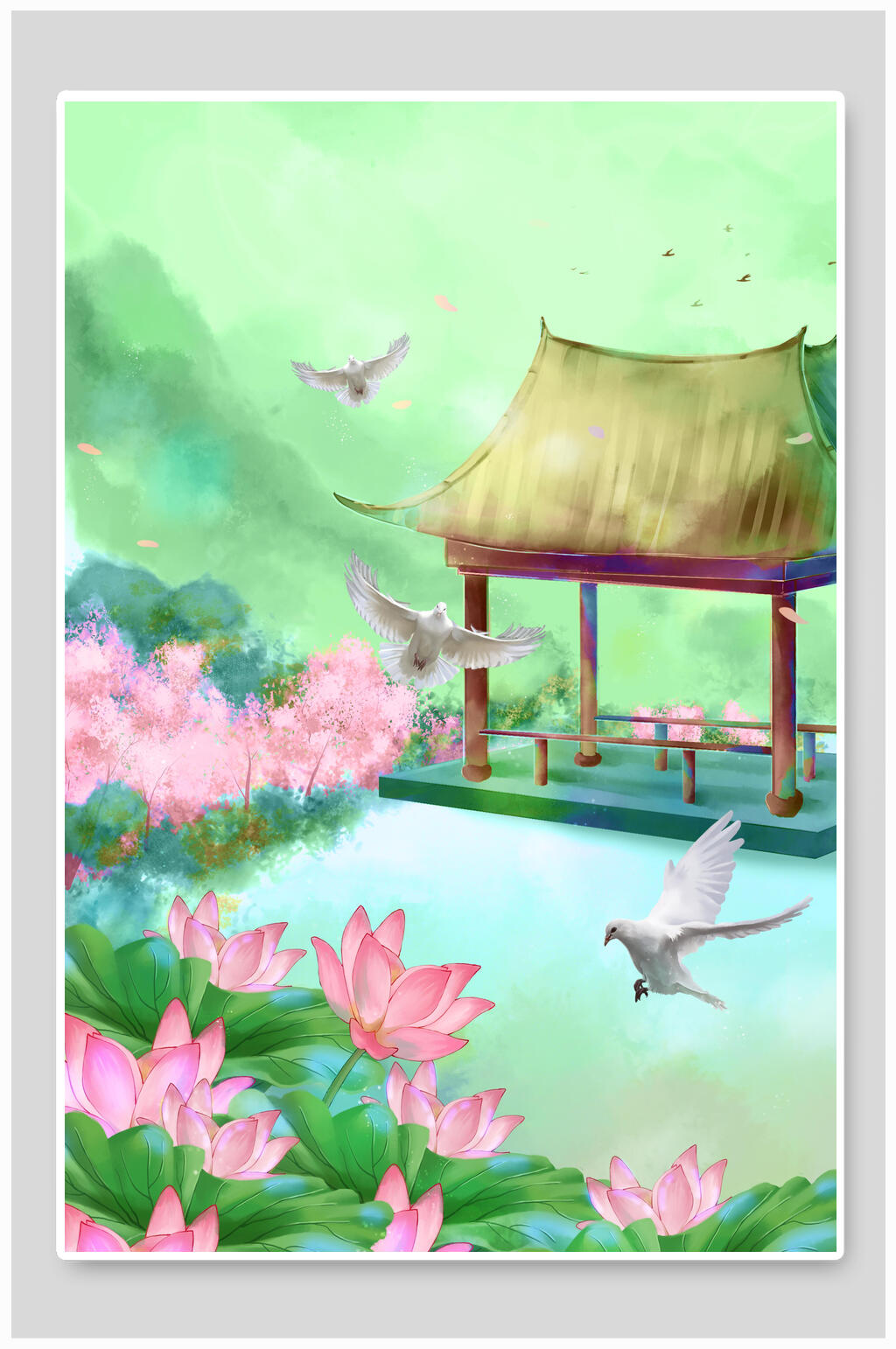 中国风池塘凉亭花鸟国画背景素材