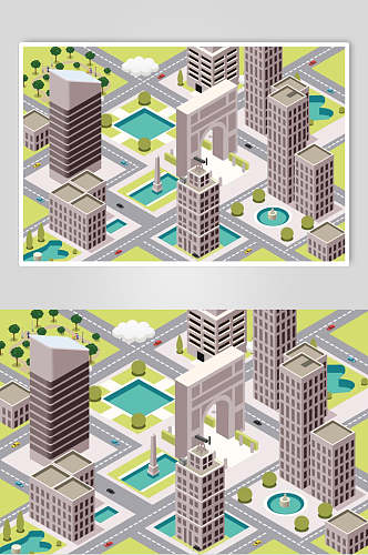 城市建筑插画两联城市独立高楼