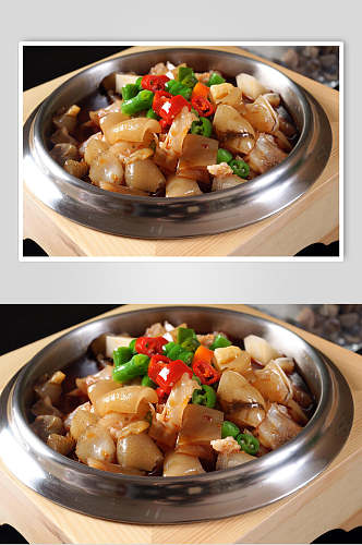 石锅青椒焖牦牛掌高清摄影图片