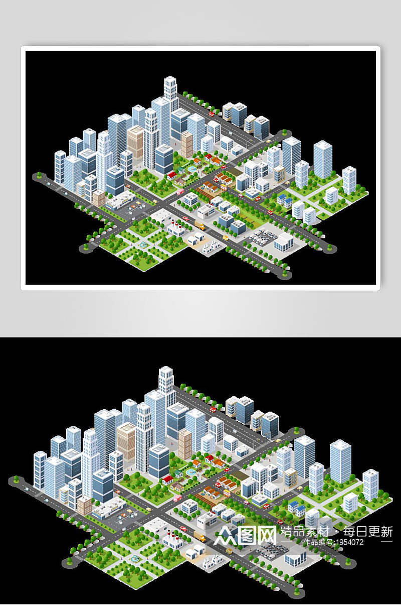 城市建筑插画两联城市小区布局素材