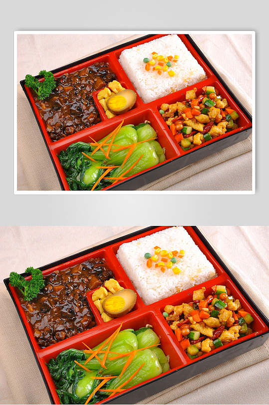 卤蛋青菜炒肉快餐盒饭摄影图